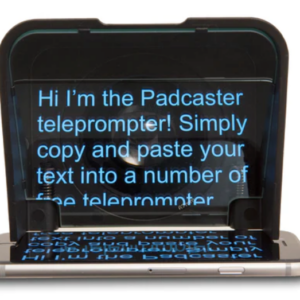 Parrot Teleprompter displaying text on the mirrored screen. Text is from the attached smartphone
