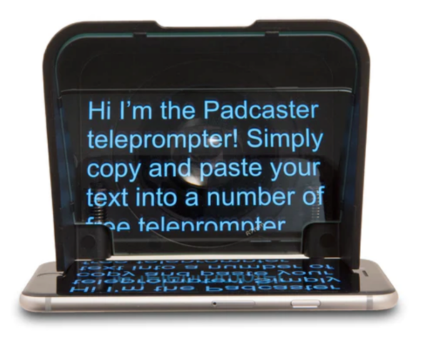 Parrot Teleprompter displaying text on the mirrored screen. Text is from the attached smartphone